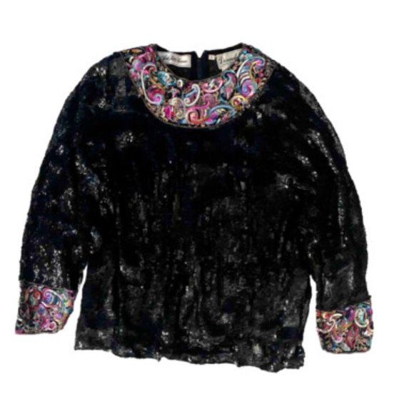 STUNNING Donatella x Saks Fifth Avenue Vintage Sequin Blouse Party Evening Large - Picture 1 of 7